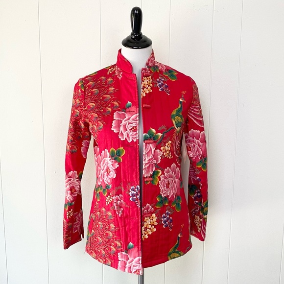 VTG Floral Peacock Mandarin Collar Jacket M 18”PTP Red Boho Chic Retro Artsy - Picture 1 of 16
